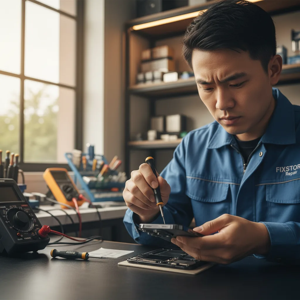 A technician's hands carefully removing a cracked iPhone 14 Pro screen using specialized tools in a clean workshop.