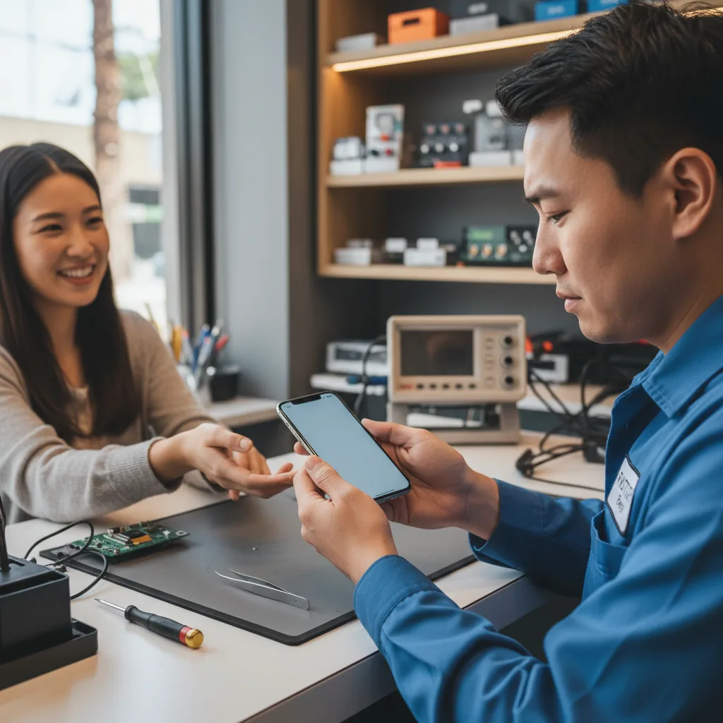 Technician at FIXSTORY in DTLA handing a repaired iPhone with a perfect new screen back to a happy customer.