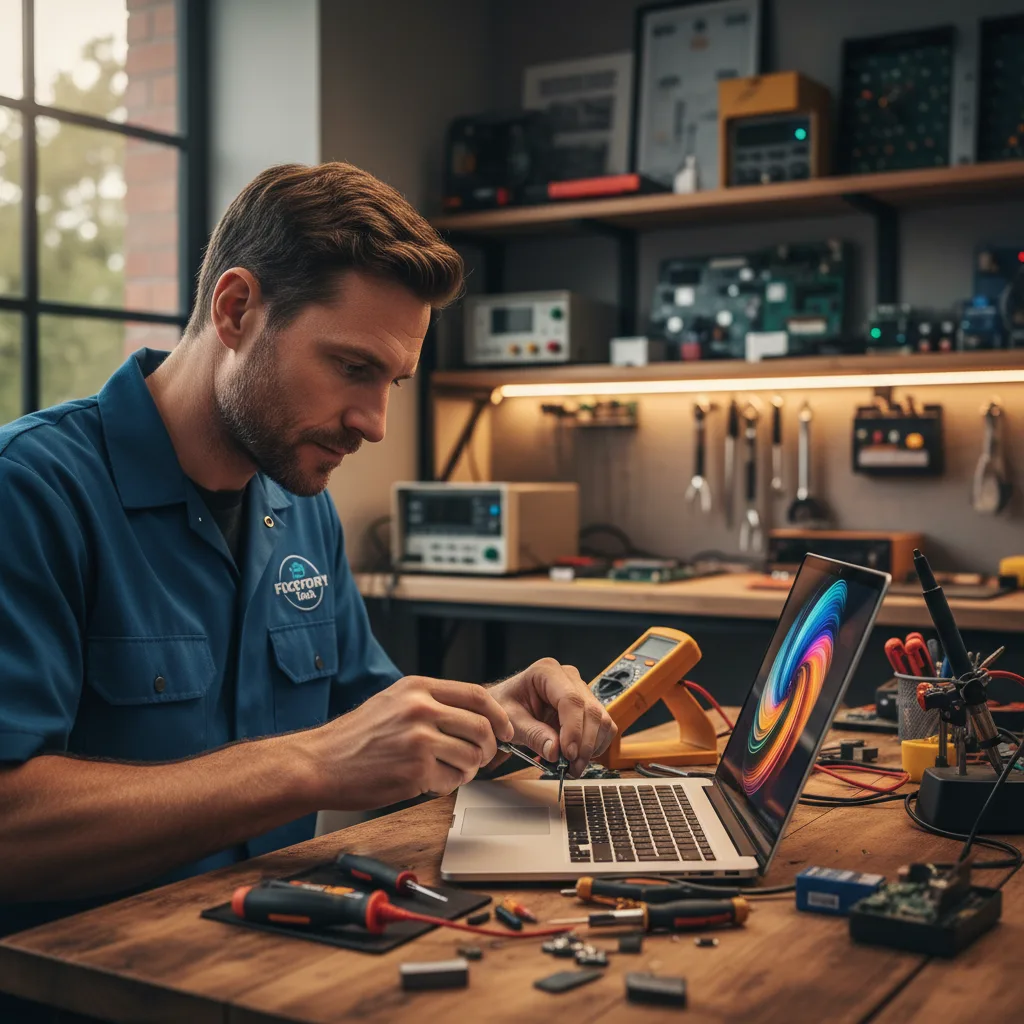 Technician testing a fully repaired MacBook Air with a new vibrant screen