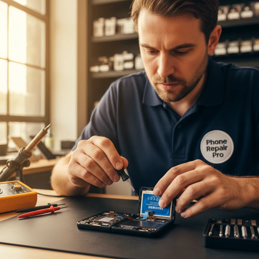 A close-up shot of a technician's hands skillfully replacing the battery in a Samsung Galaxy Z Flip phone