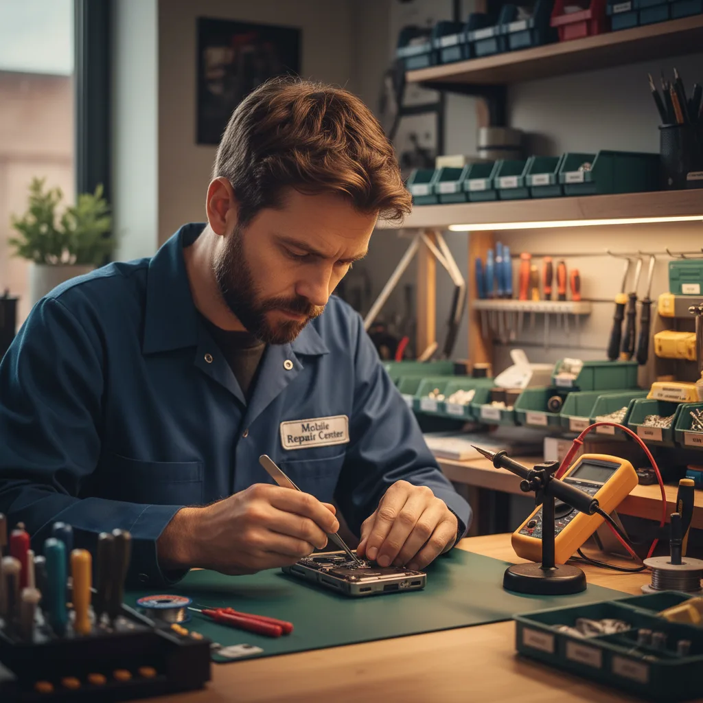A clean and organized electronics repair workbench with various professional tools laid out neatly