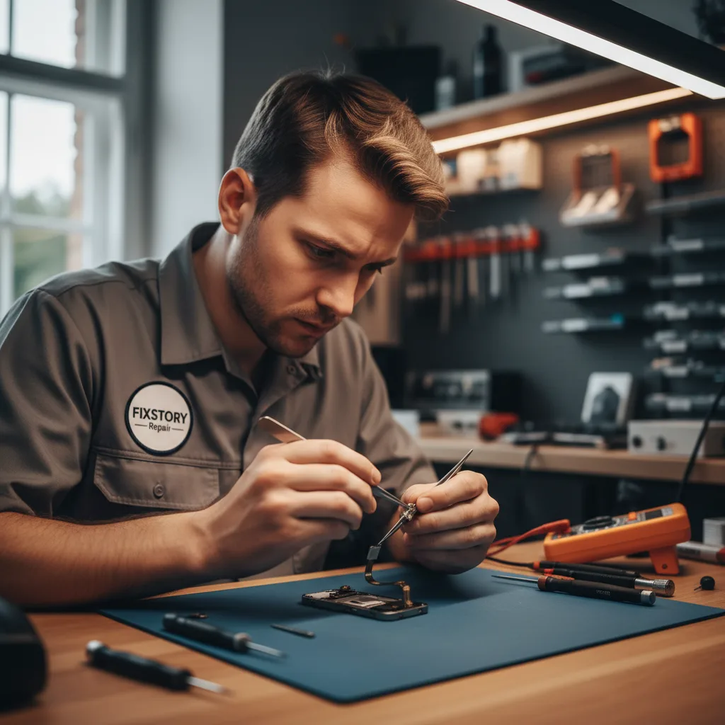 Close-up shot of the delicate iPhone front sensor assembly and its flex cable being handled with tweezers