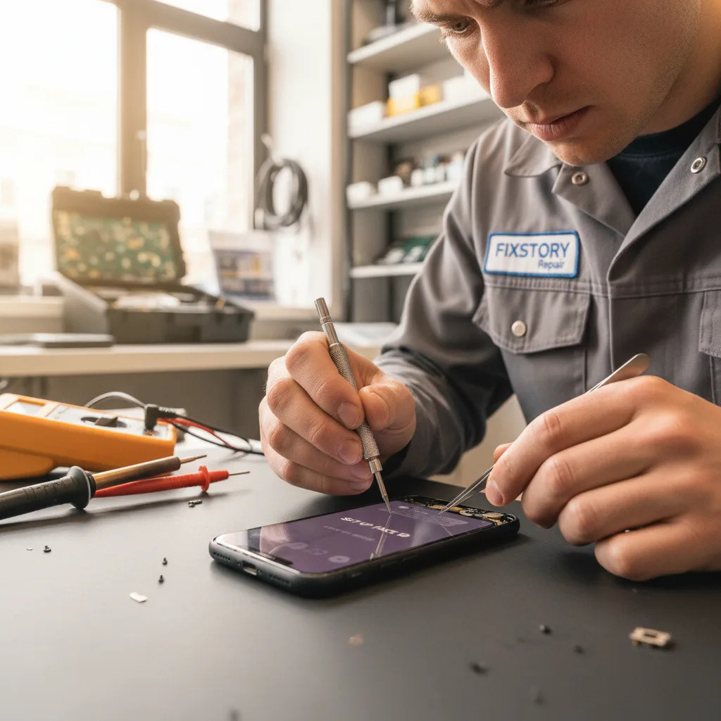 Professional technician running post-repair diagnostics on a repaired iPhone 15, showing the Face ID setup screen