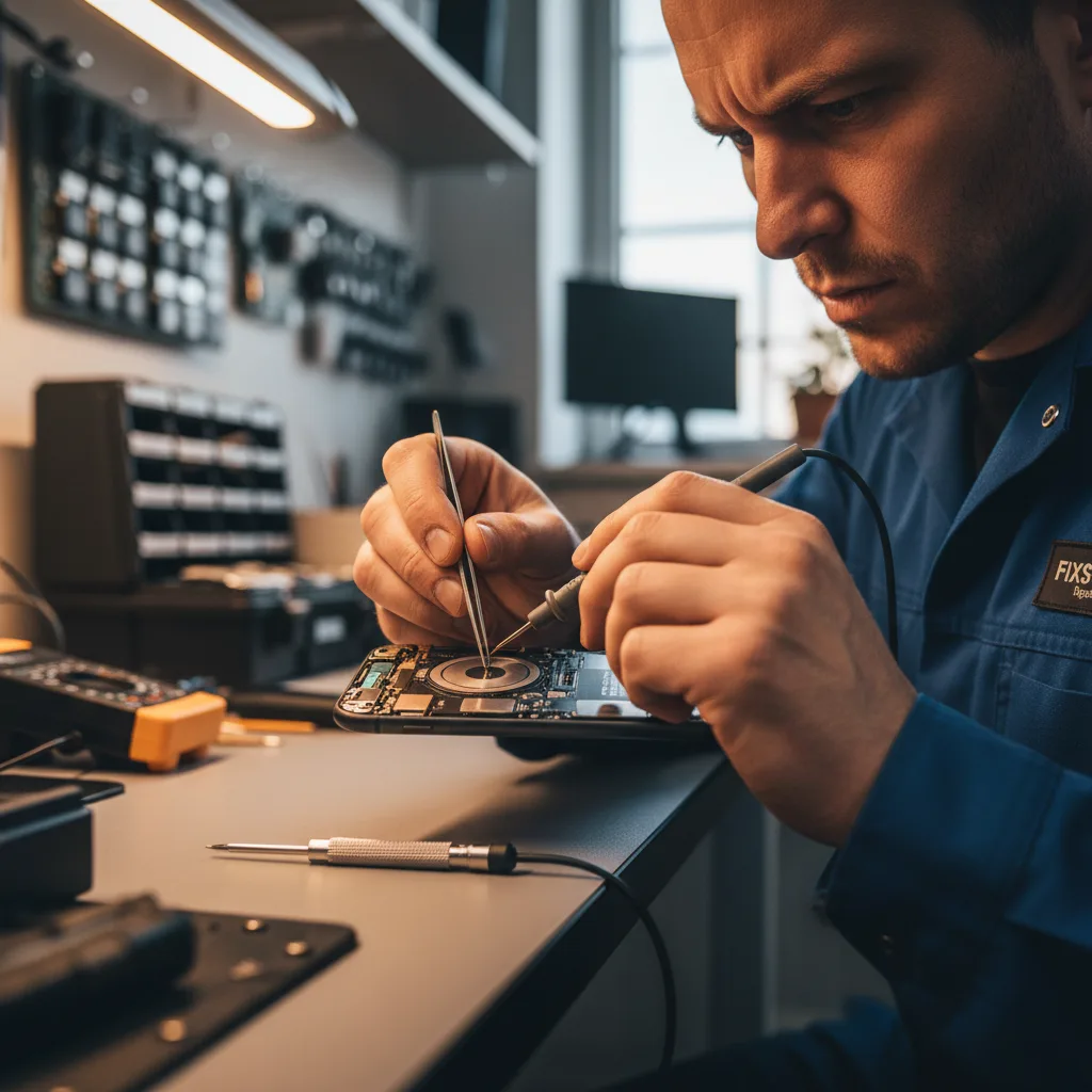 Technician carefully inspecting an iPhone's internal components, highlighting the wireless charging coil
