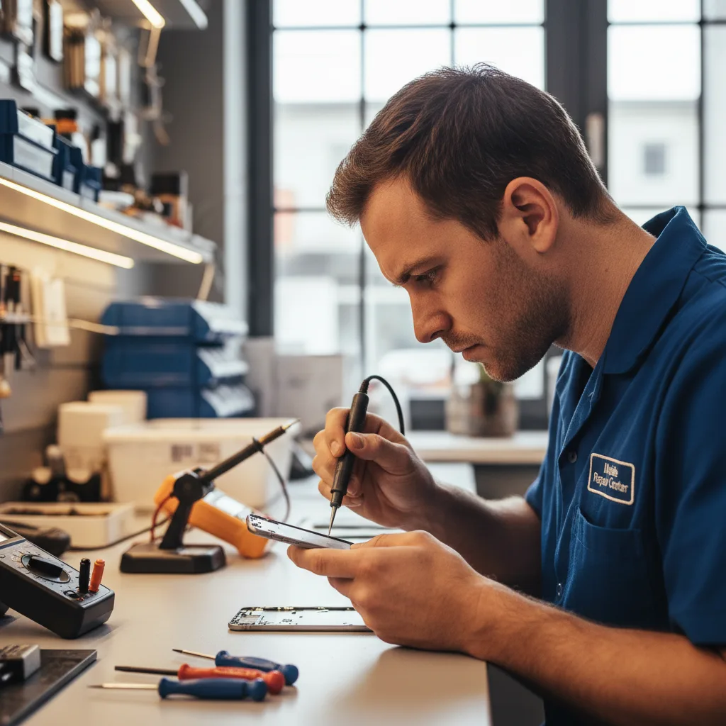 A technician in a clean workshop applying new adhesive to an iPhone frame before installing a new back glass