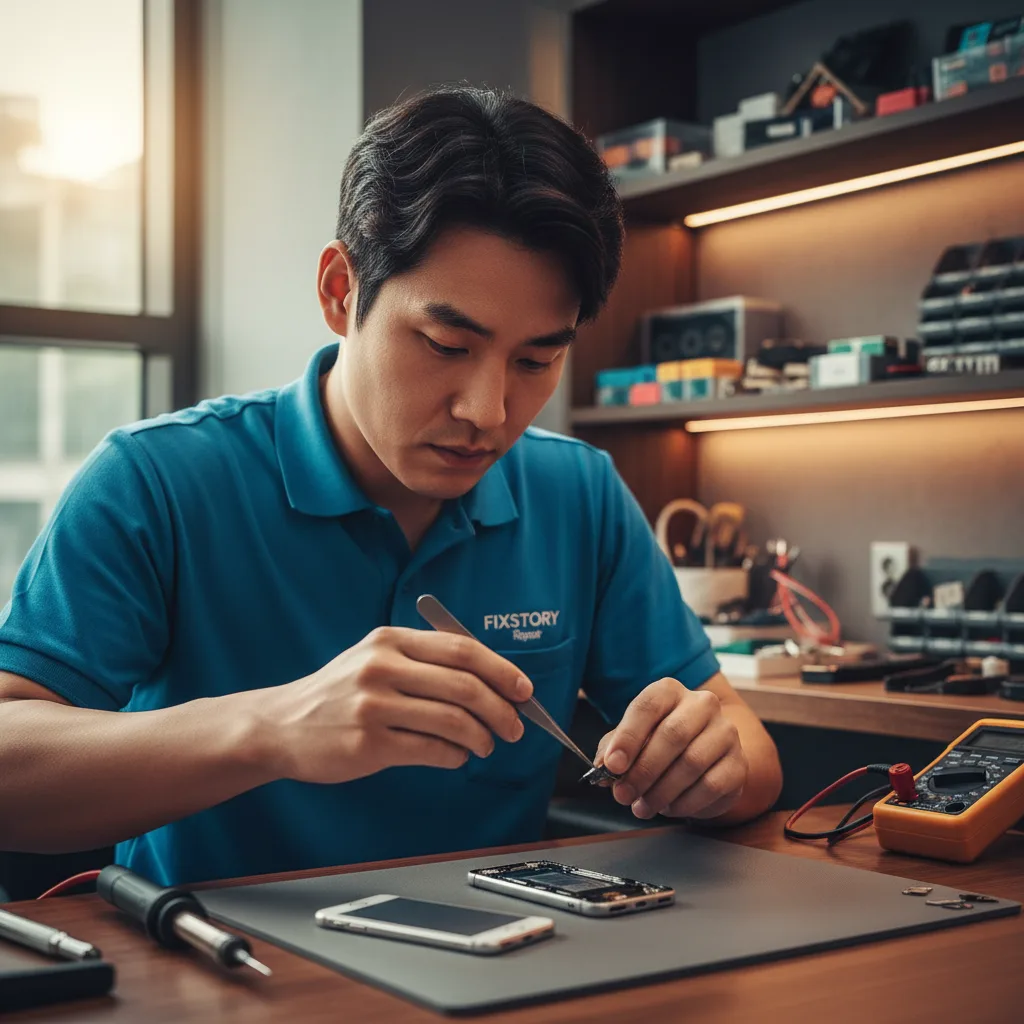 technician carefully replacing the battery on an older iPhone model in a clean workshop
