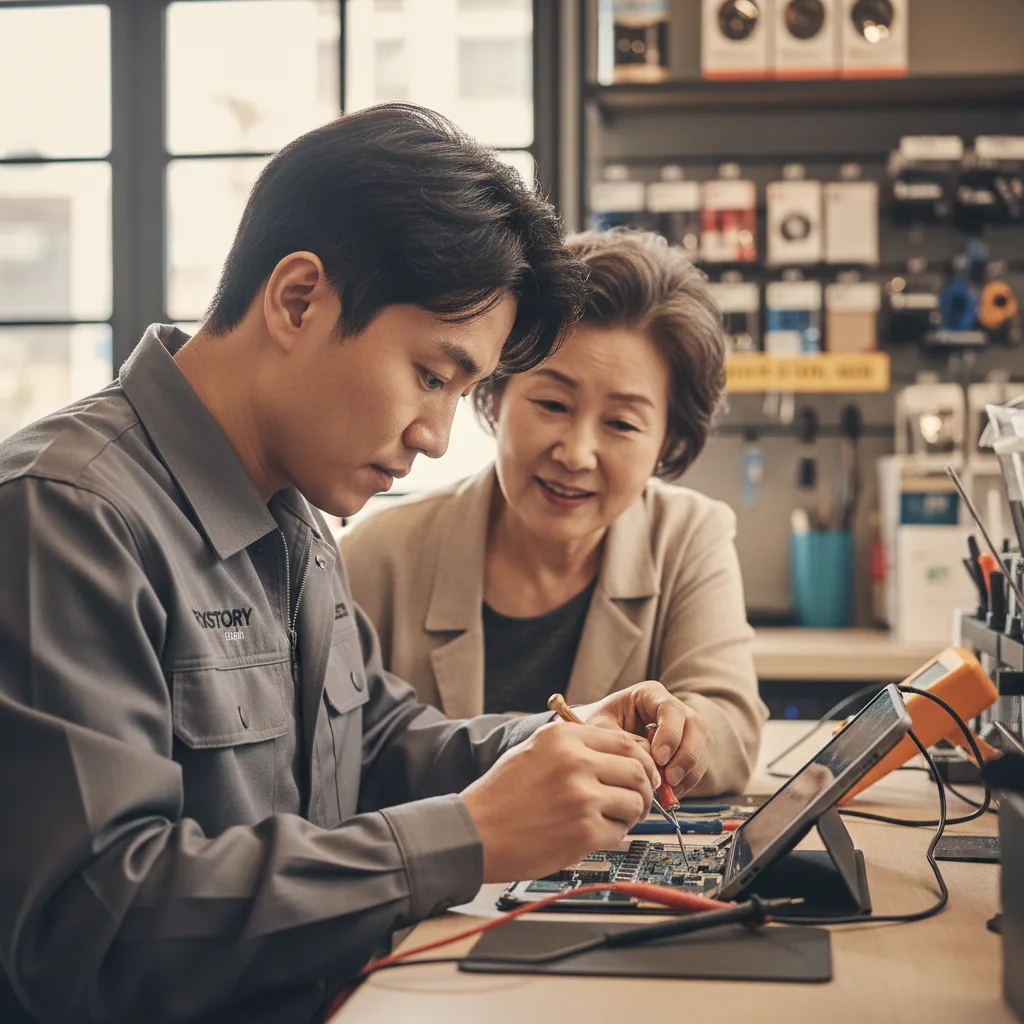 friendly repair technician explaining the repair process to a senior customer in Downtown LA shop
