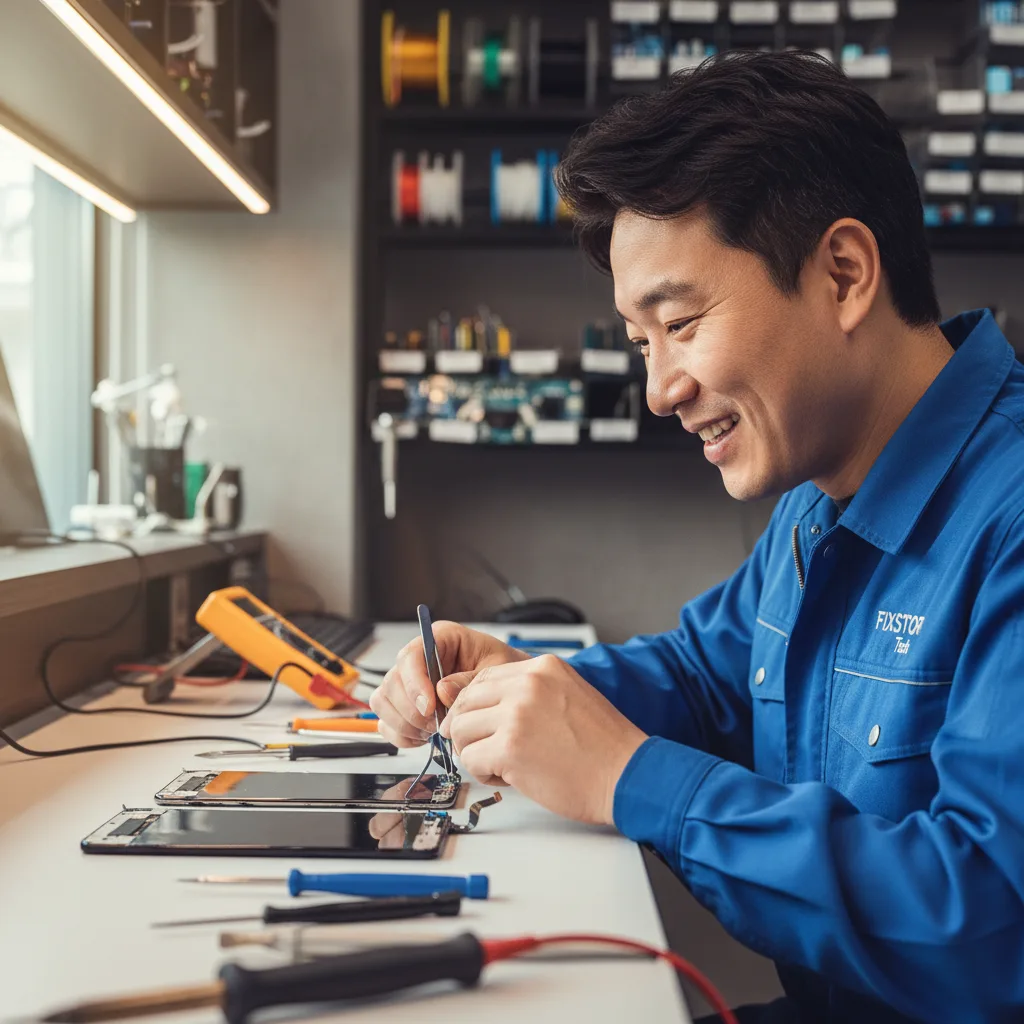 Side-by-side comparison of a genuine Samsung Galaxy screen and an OEM screen, with tools laid out on a workbench.
