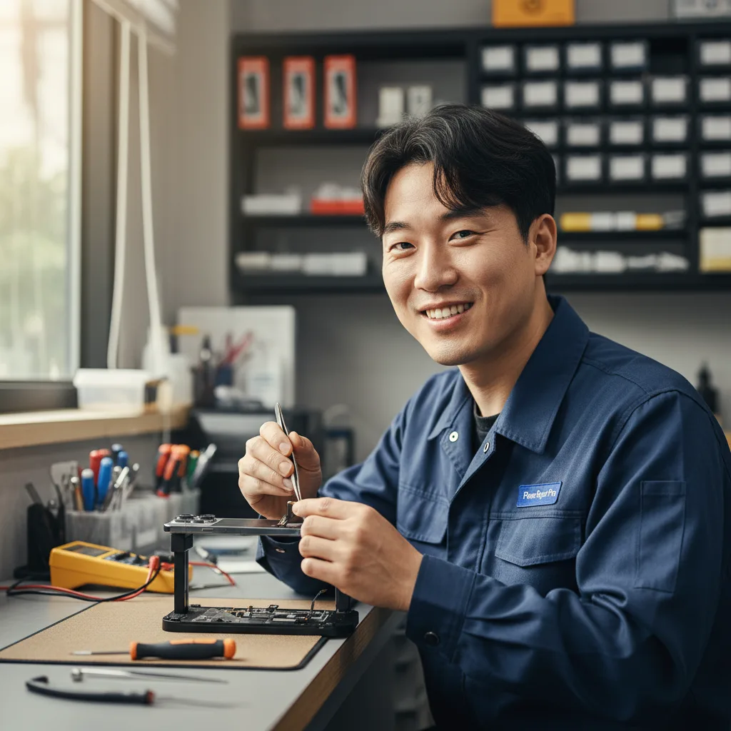 Close-up shot of a technician skillfully replacing the battery on an iPhone 15 in a professional repair environment.