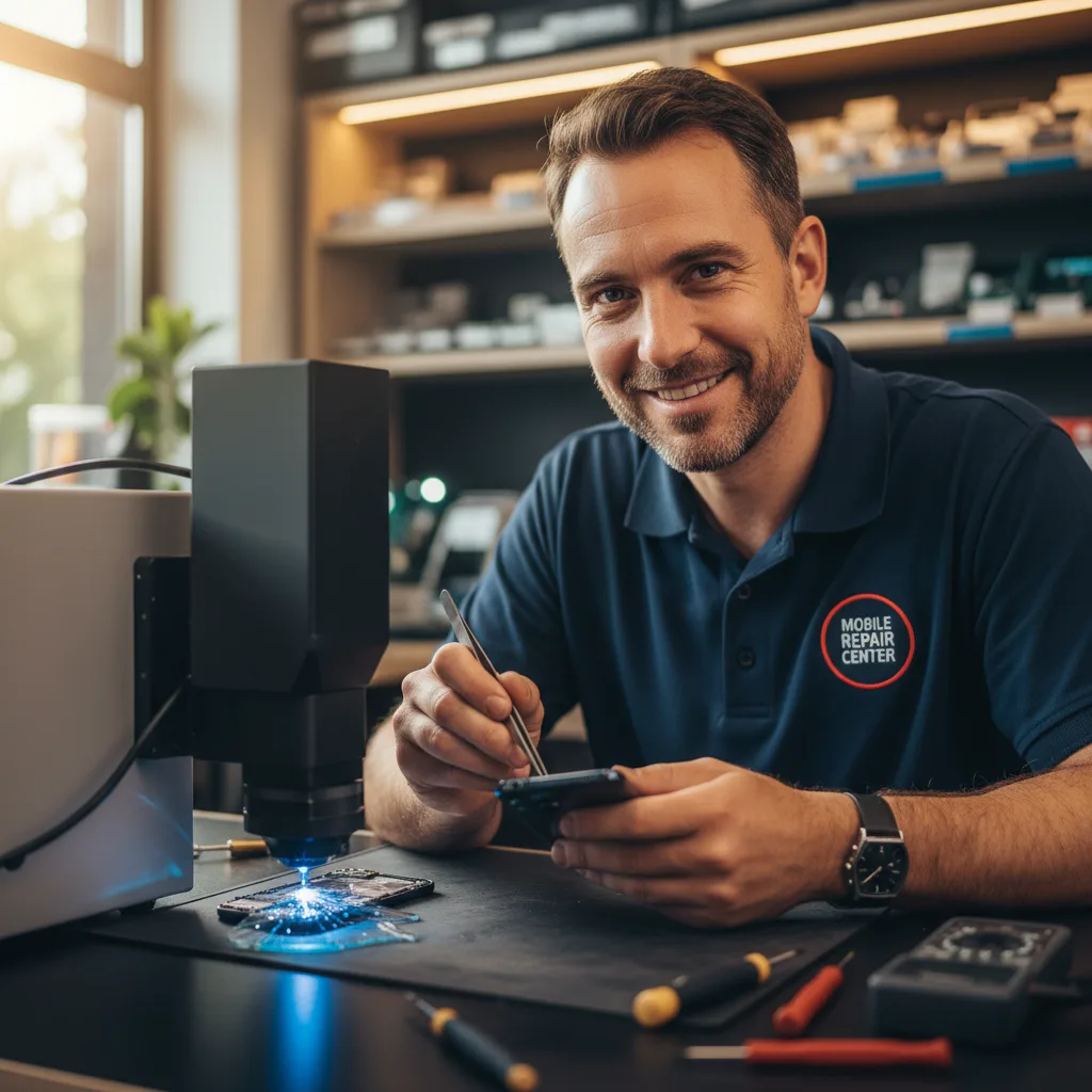 Close-up of a high-precision laser machine precisely ablating the adhesive under the shattered iPhone back glass.
