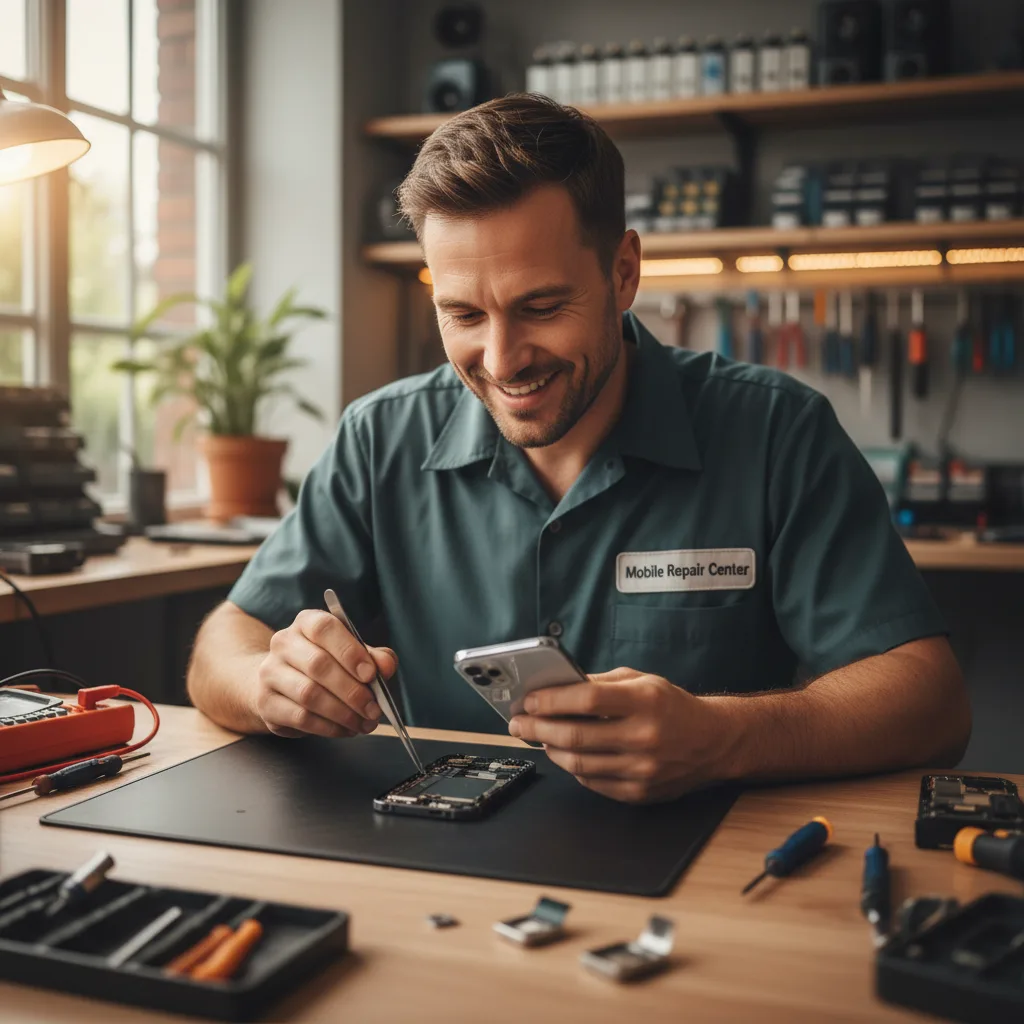 A technician carefully applying adhesive and fitting a new pristine back glass onto an iPhone in a professional repair setting.