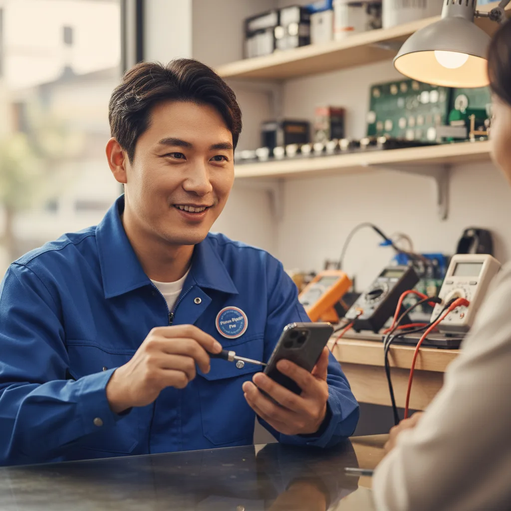 Korean technician in a clean workshop diagnosing a cracked iPhone 15 screen for a customer.