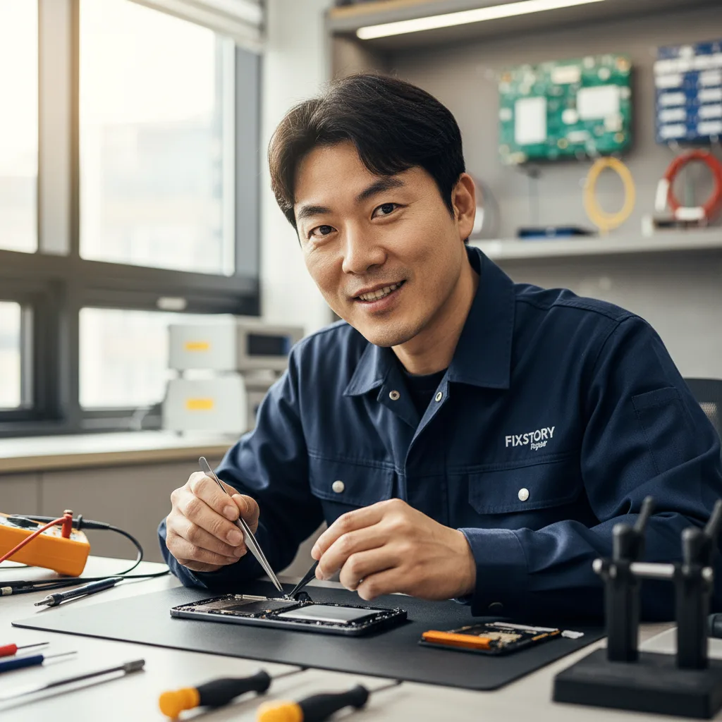 Technician's hands carefully placing a new battery into a Samsung Galaxy S23 Ultra.