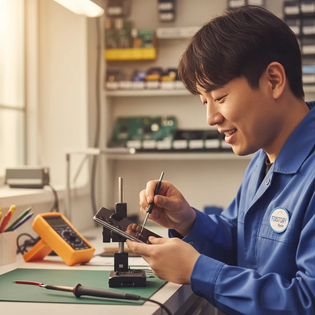 Specialist technician at a well-lit workbench meticulously repairing the hinge mechanism of a Samsung Galaxy Z Fold phone.