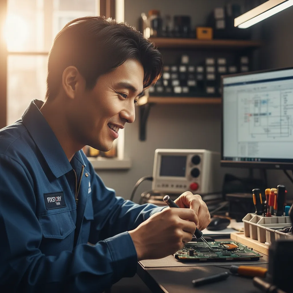 A clean and organized electronics repair station in Downtown LA, showing various professional tools and diagnostic equipment.