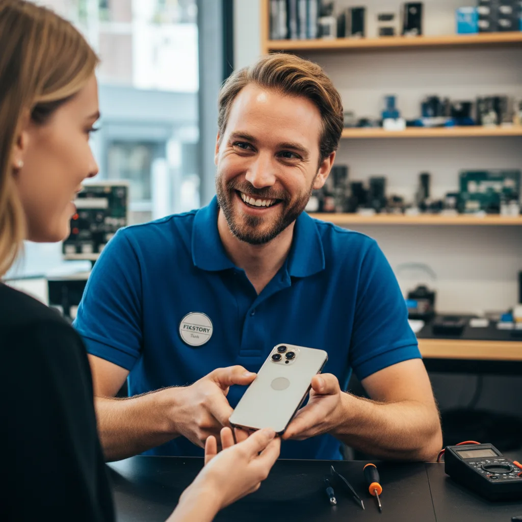 A friendly FIXSTORY technician in Downtown LA handing a repaired iPhone back to a satisfied customer