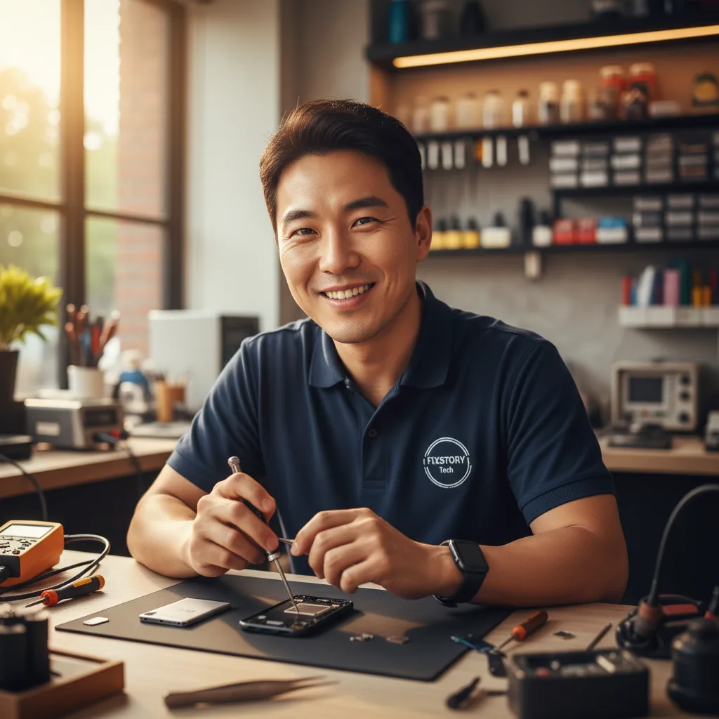 Technician at FIXSTORY in Downtown LA skillfully replacing an iPhone battery with specialized tools