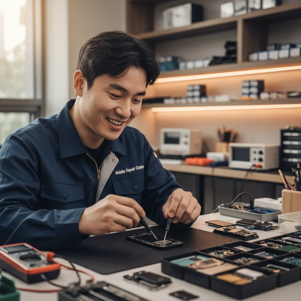 Close-up of various quality iPhone replacement parts, like screens and batteries, neatly organized
