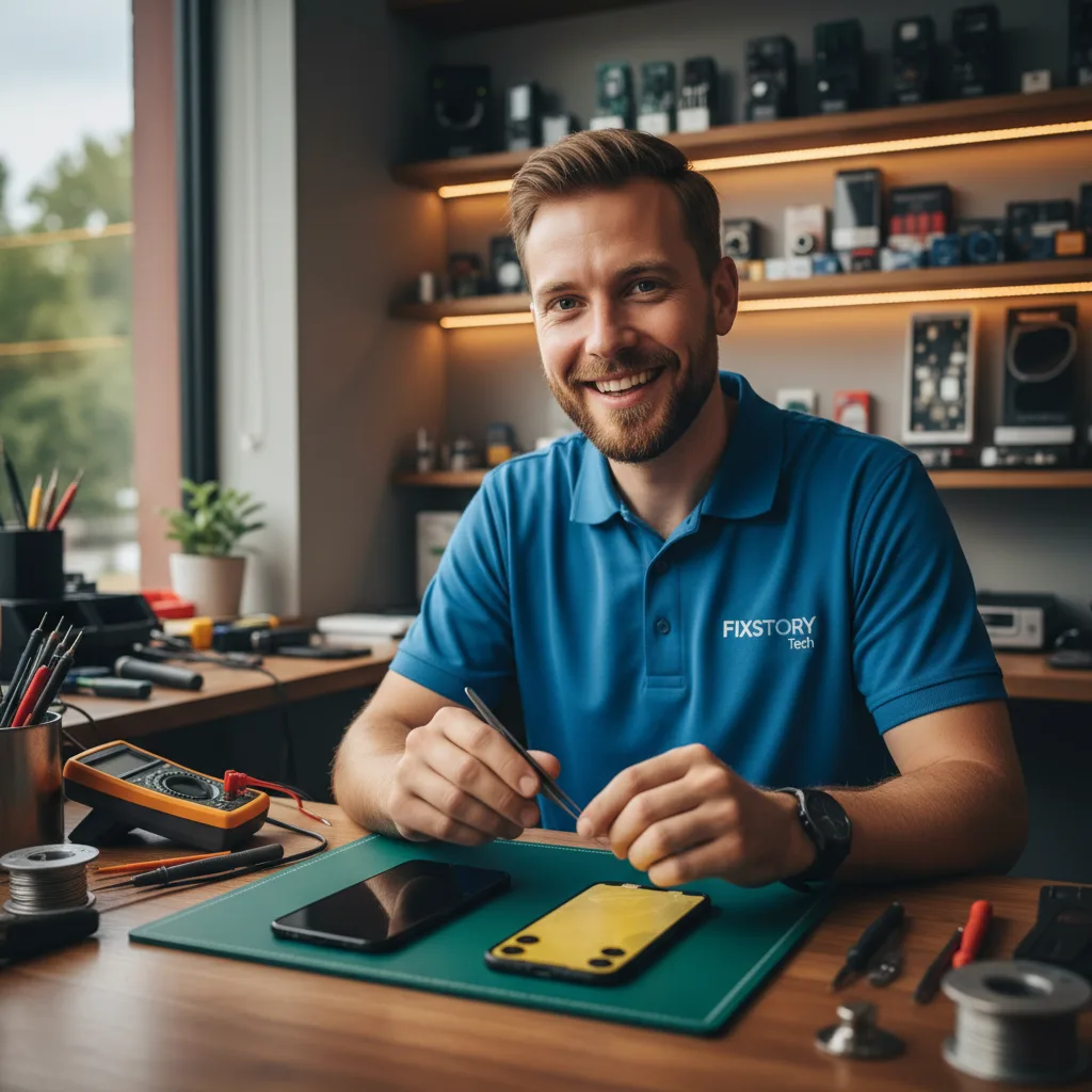 A technician's workbench with a pristine, high-quality iPhone screen next to a cheap, discolored aftermarket screen for comparison.