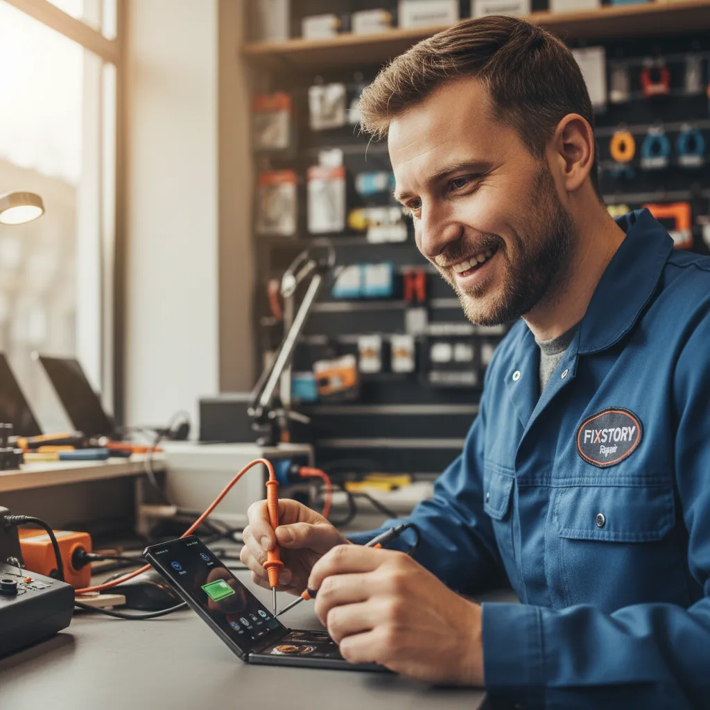 Close-up of a technician using a specialized tool to test the battery health of a Samsung Galaxy Z Fold phone.