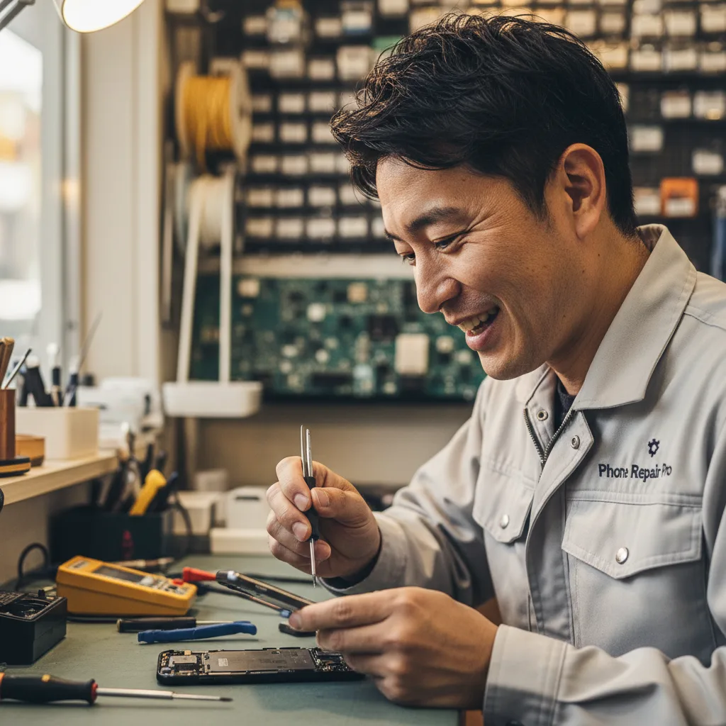 Close-up shot of a technician skillfully replacing an iPhone screen with precision tools