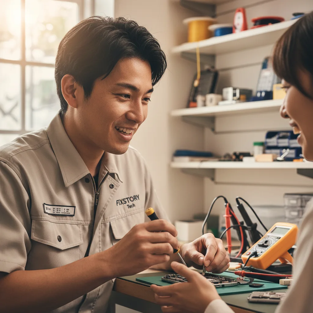 Technician running final diagnostics on a repaired iPhone before handing it back to a happy customer