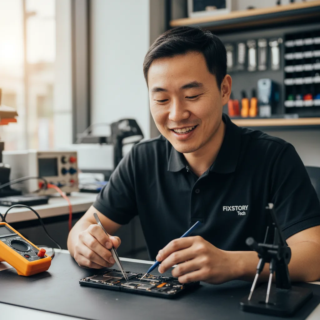 Technician diagnosing a Samsung Galaxy Z Fold 4 with specialized tools in a modern workshop