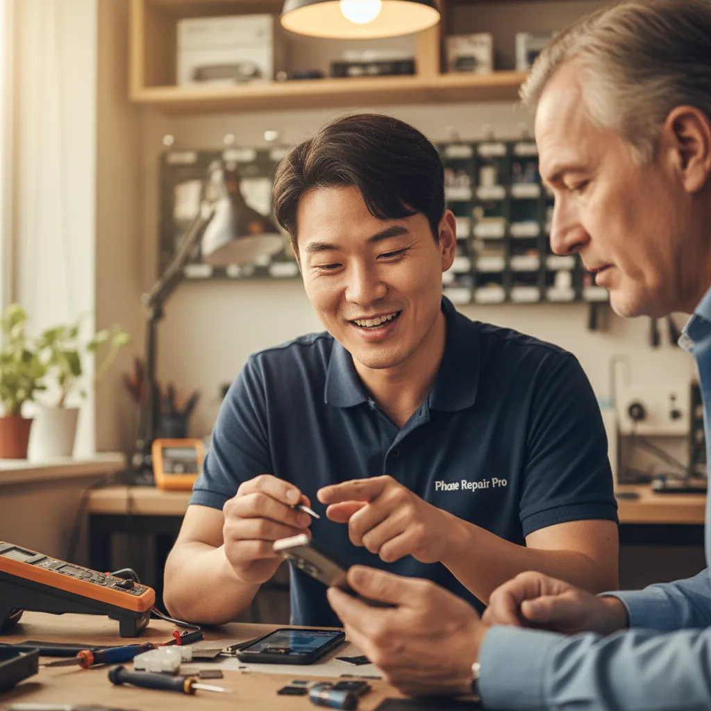Technician patiently showing an older customer how to check battery health on an iPhone.