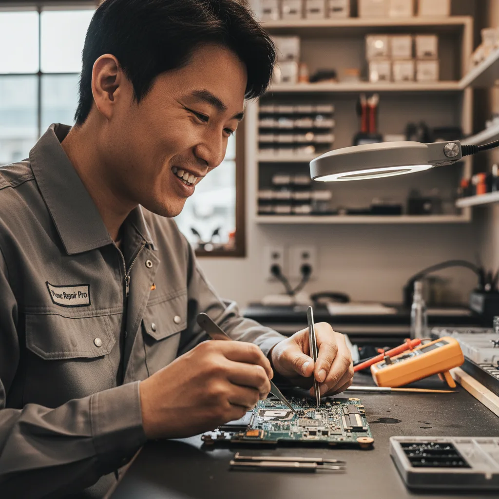 Close-up shot of a technician performing a delicate MacBook motherboard repair for water damage.