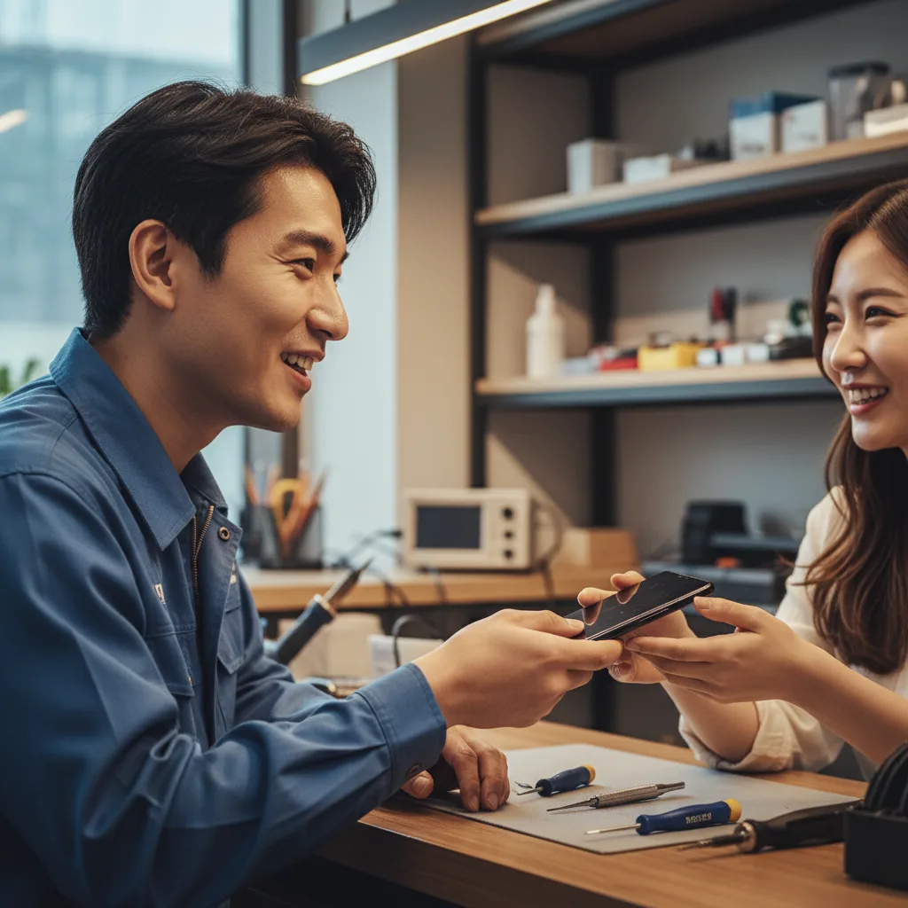A friendly technician hands a repaired Samsung Galaxy phone back to a smiling customer over the counter.
