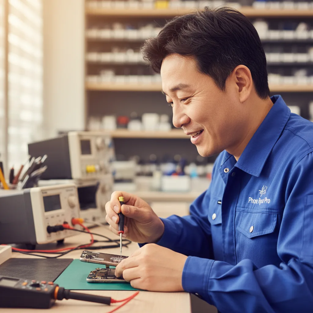 a technician performing a diagnostic check on a water-damaged iPhone in a clean, professional workshop
