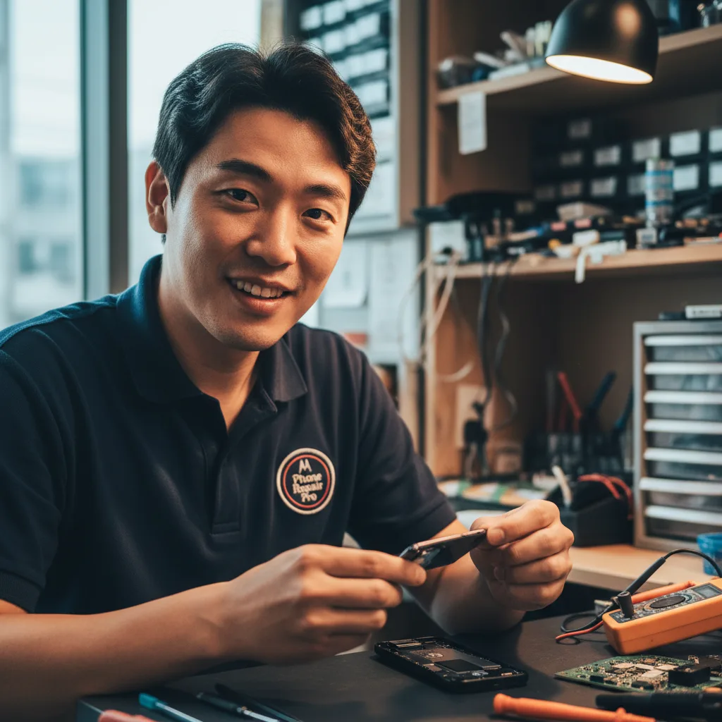 close-up of a technician's hands inserting a US SIM card into a Motorola phone