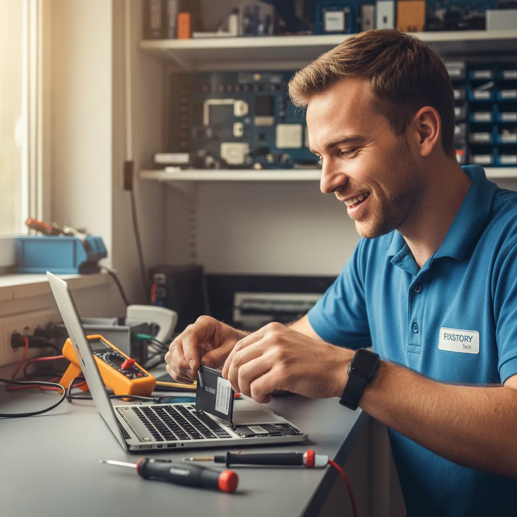 Technician wearing anti-static wrist strap carefully placing a new battery into a MacBook Air chassis.