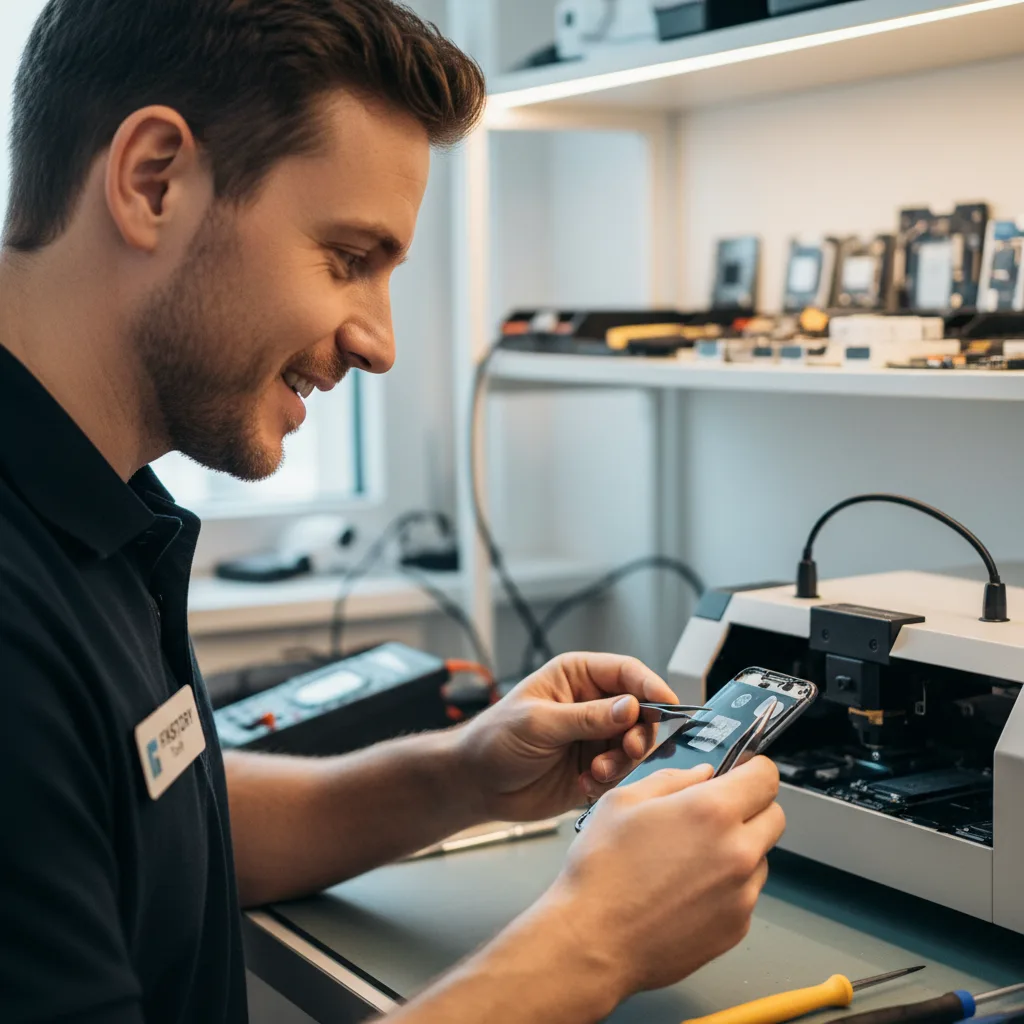 A professional laser machine carefully removing the adhesive from an iPhone's back glass in a clean workshop
