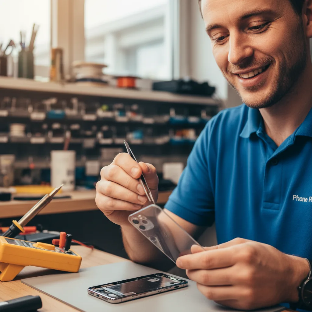 Technician in Downtown LA meticulously aligning a new iPhone back glass for installation