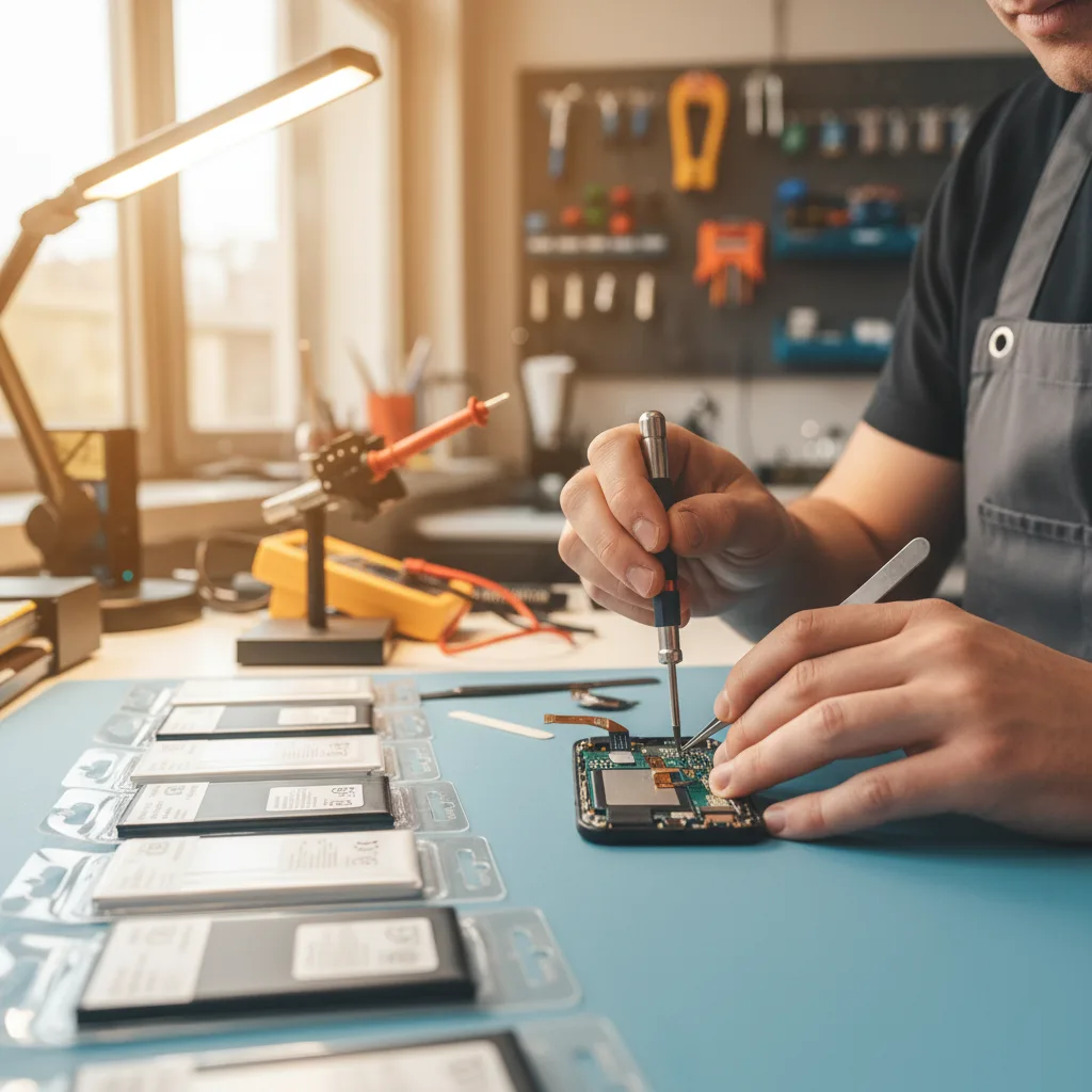 a clean workbench displaying high-quality replacement batteries for various iPhone, Samsung Galaxy, and iPad models
