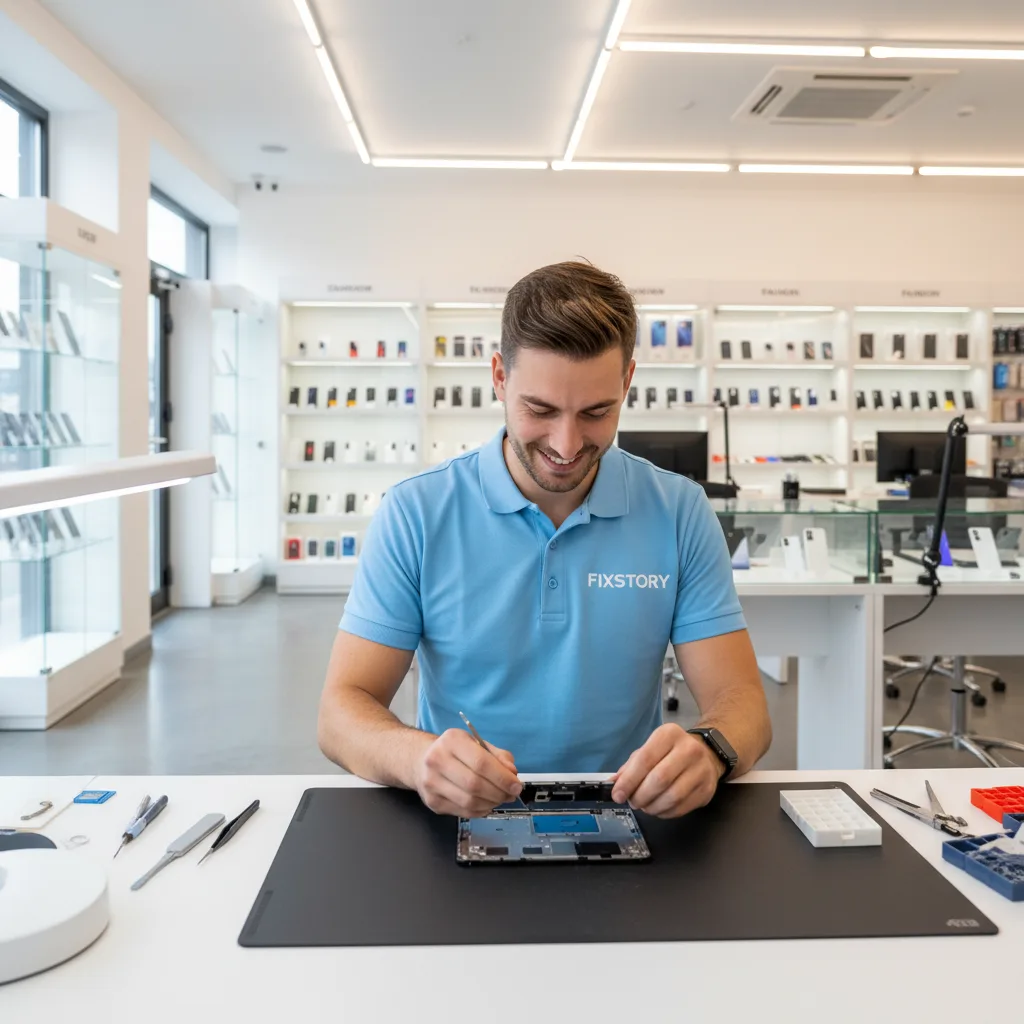 [FIXSTORY technician carefully removing a damaged S23 Ultra screen assembly at a professional workbench in the DTLA shop]