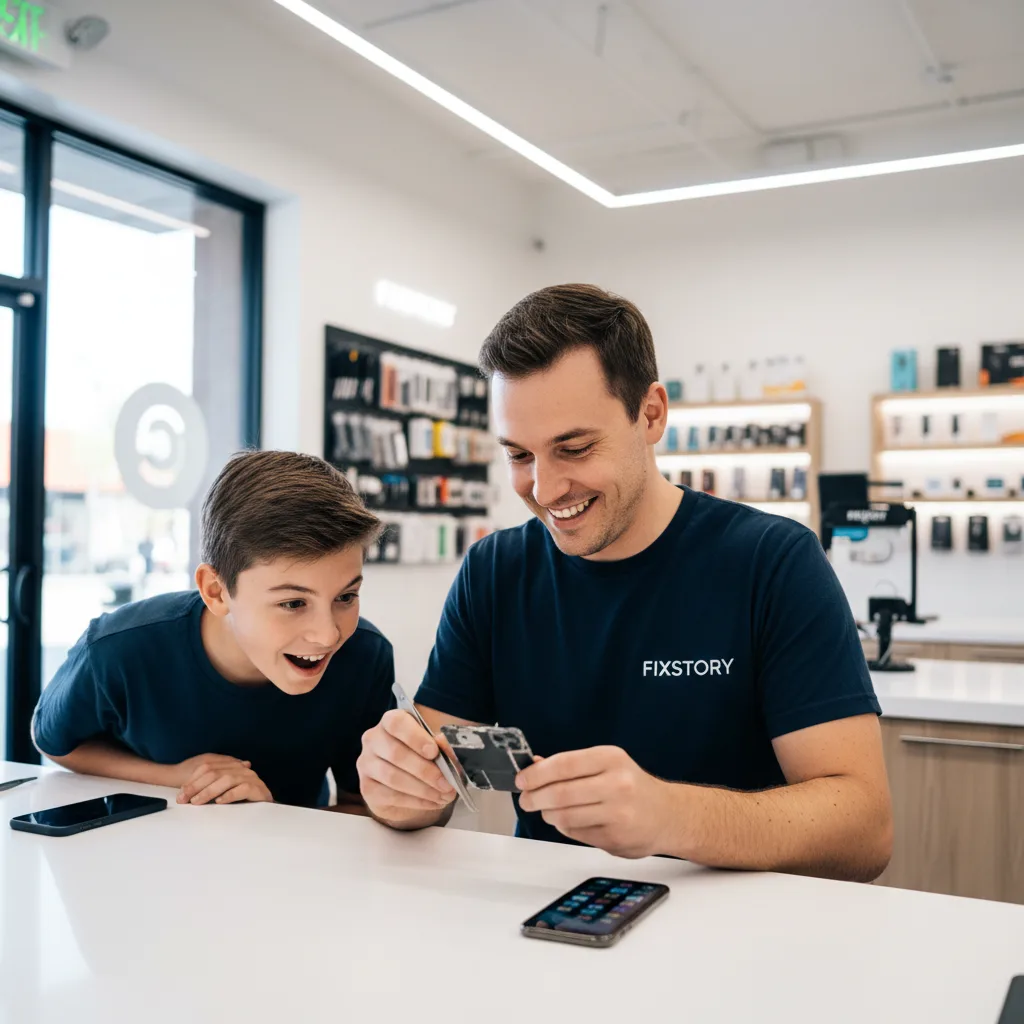 close-up of a technician carefully handling the delicate Face ID sensor array from an iPhone screen