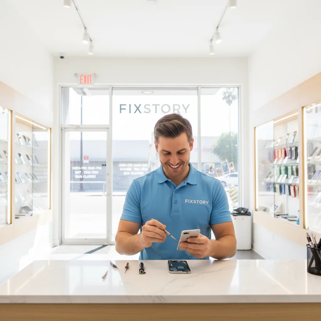 Exterior shot of the FIXSTORY repair shop in Downtown Los Angeles, showing a clear entrance and business hours