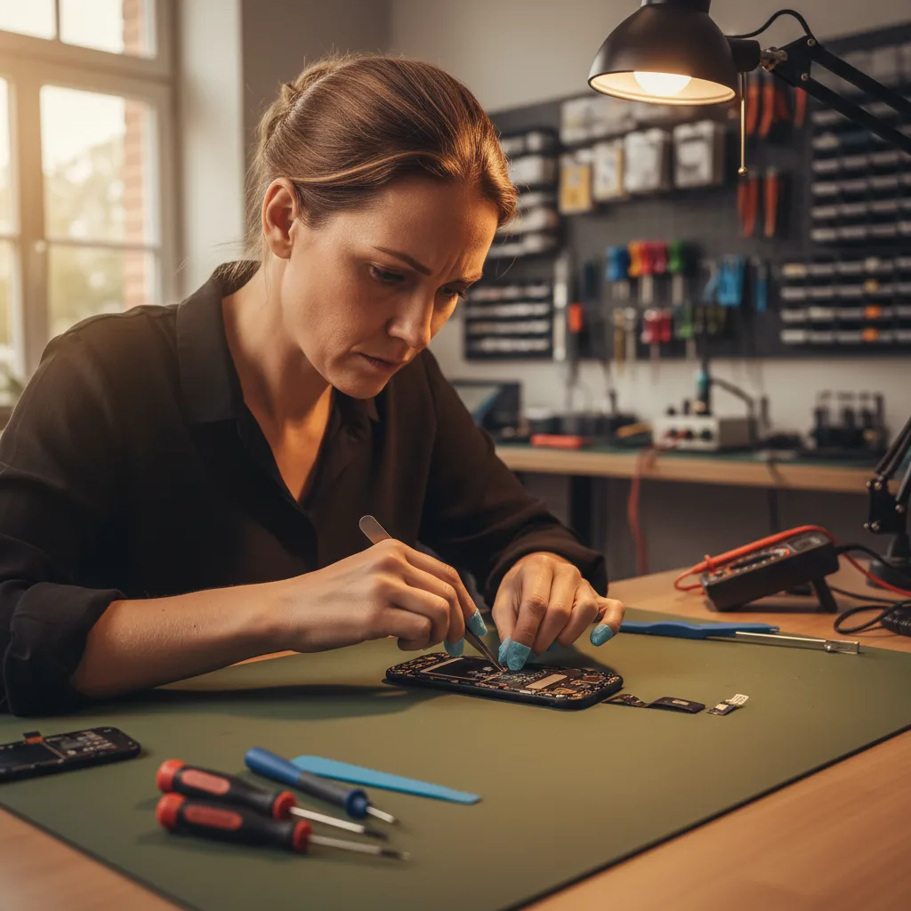 Close-up shot of a technician's gloved hands pointing out the tiny, delicate front sensor flex cable on an iPhone 17 Pro screen