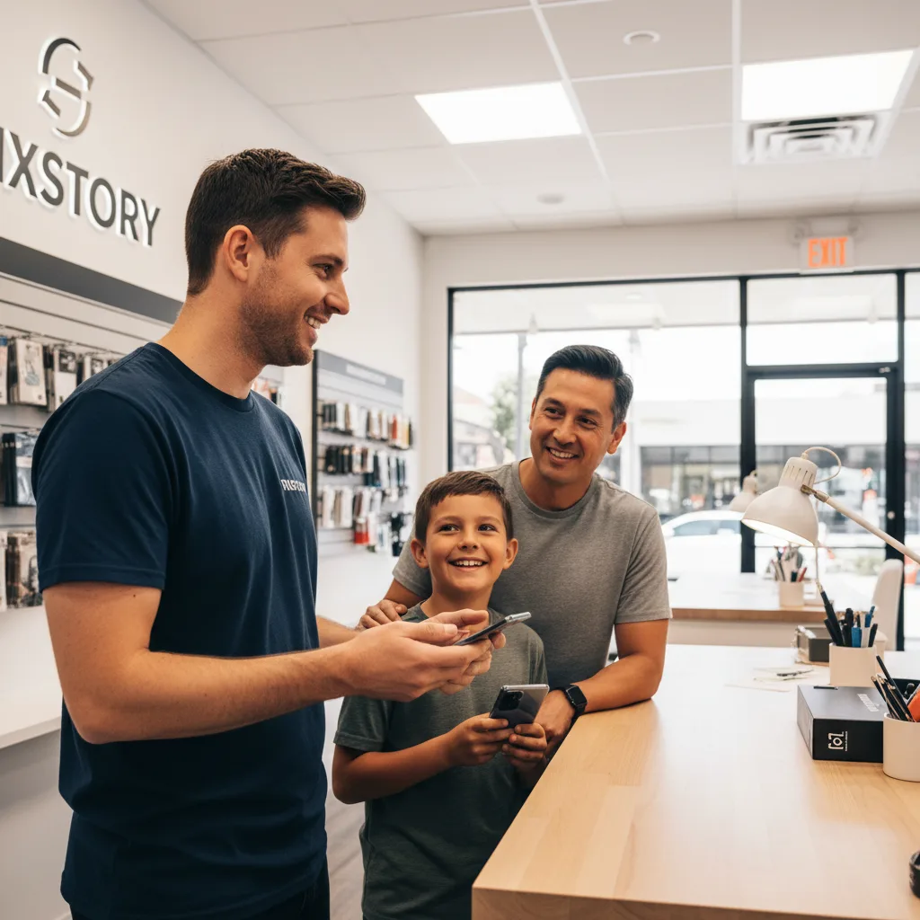 A friendly technician at FIXSTORY carefully examining the cracked screen of a Samsung S23 Ultra under a bright lamp