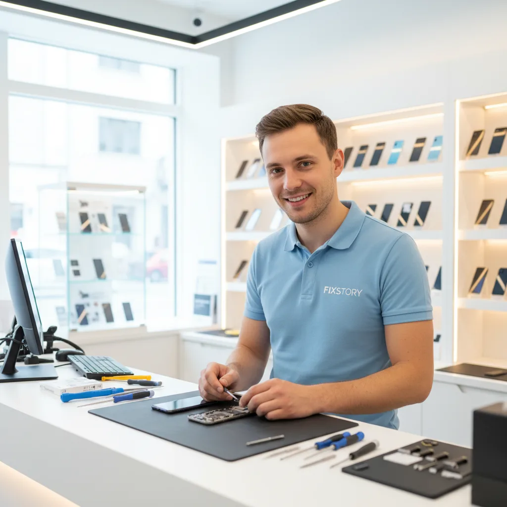 An organized workbench at FIXSTORY showing various repair tools and a disassembled Samsung phone.