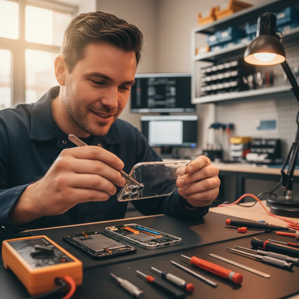 detailed view of a technician aligning a new, pristine iPhone back glass onto the frame with precision tools