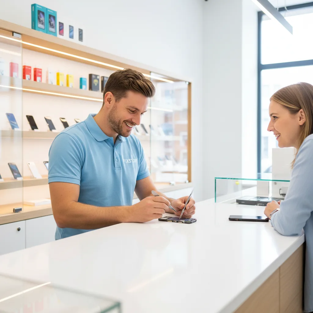 The friendly counter at FIXSTORY, with a technician talking to a customer.