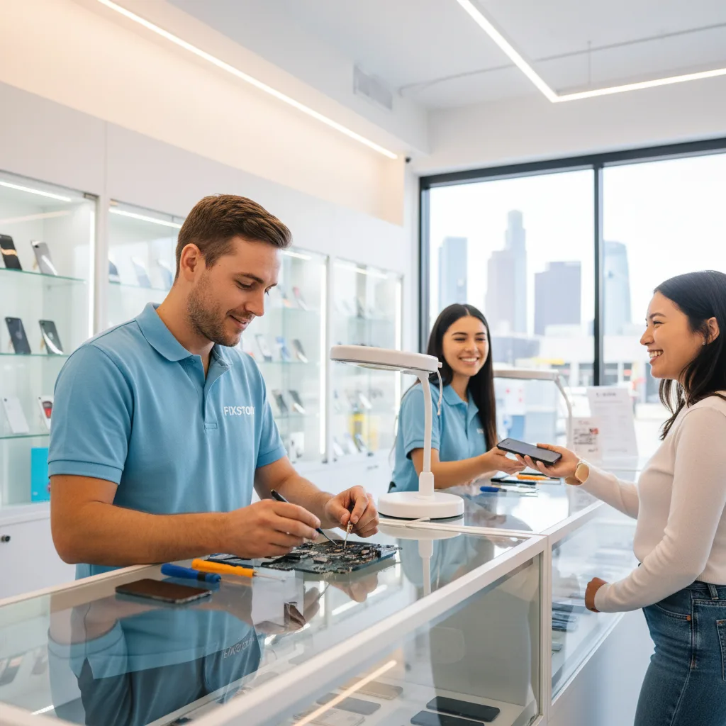 Smiling FIXSTORY staff member handing a repaired phone back to a happy customer in the DTLA shop