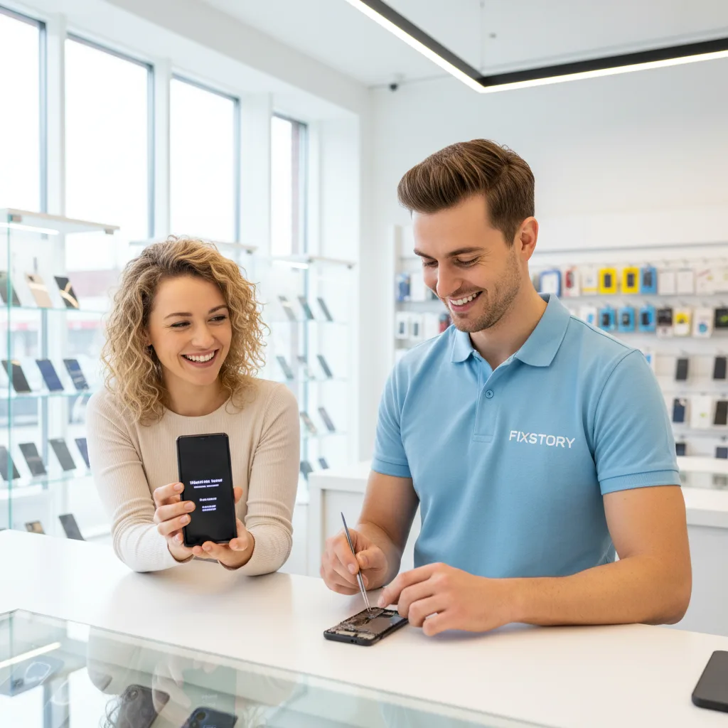 A happy customer smiling as they receive their perfectly repaired Samsung phone over the counter from a friendly FIXSTORY technician.