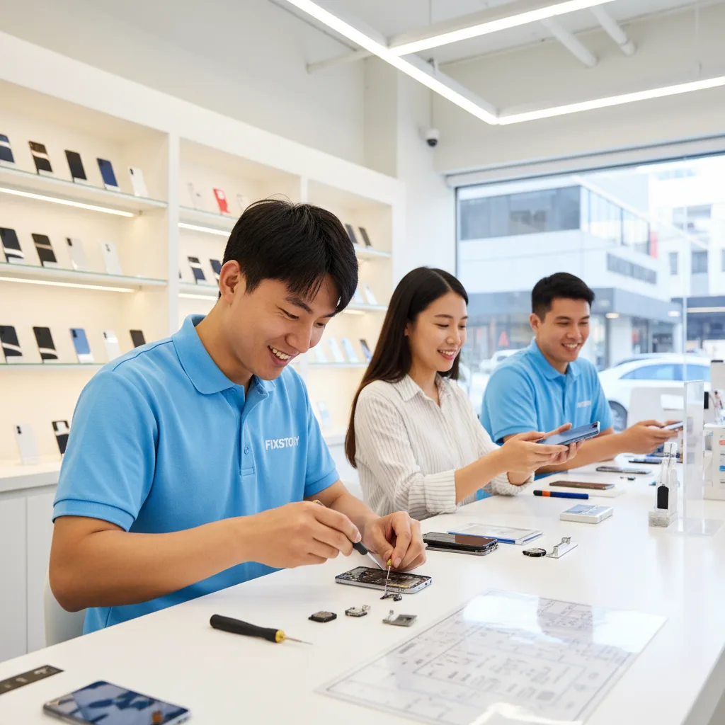 A satisfied customer receiving their repaired Samsung phone from a friendly FIXSTORY technician in Downtown LA