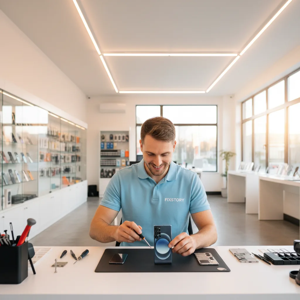 A technician's hands carefully aligning a new screen onto a Samsung S23 Ultra at a repair bench.