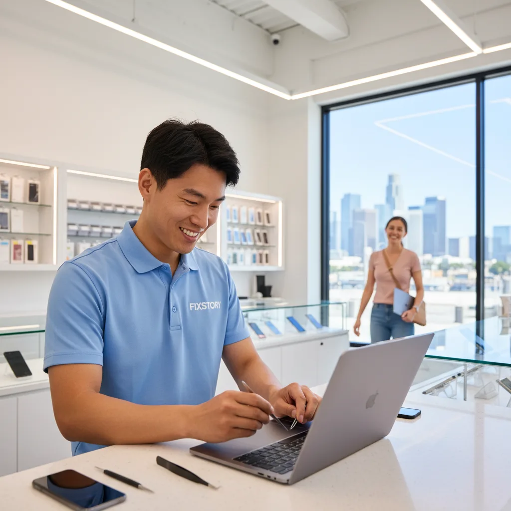Happy customer leaving FIXSTORY with their repaired MacBook, DTLA skyline in the background