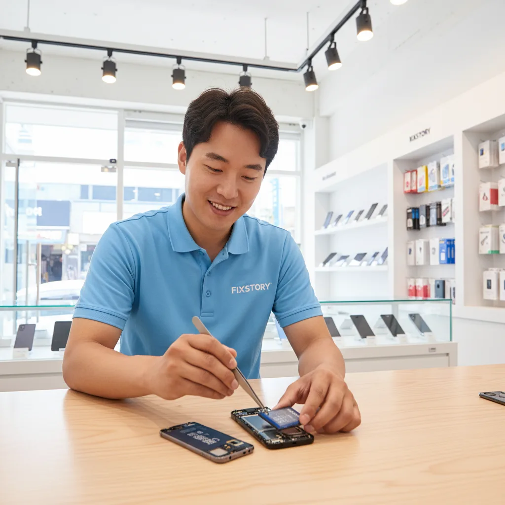 Close-up of a new OEM-grade battery ready for installation in a Samsung phone at FIXSTORY